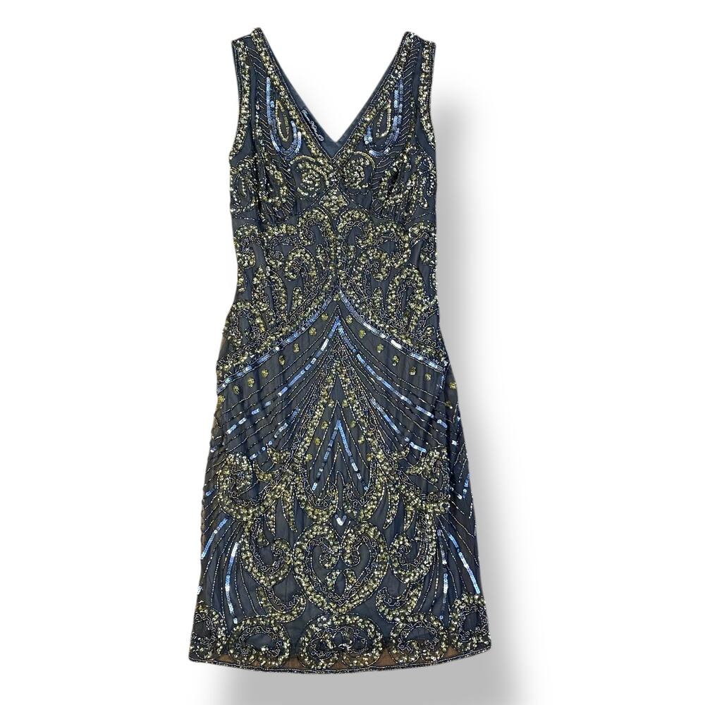 Pisarro Nights Vintage Gray Beaded Mini Cocktail Prom Dress Size 8